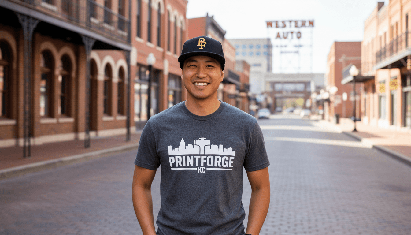 Person wearing custom PrintForge t-shirt and hat standing in urban setting, showcasing finished apparel