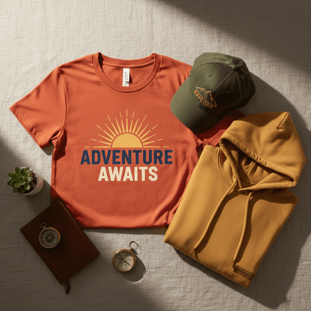 Flat lay of custom printed t-shirt, hat, and sweatshirt arranged on neutral background with natural lighting
