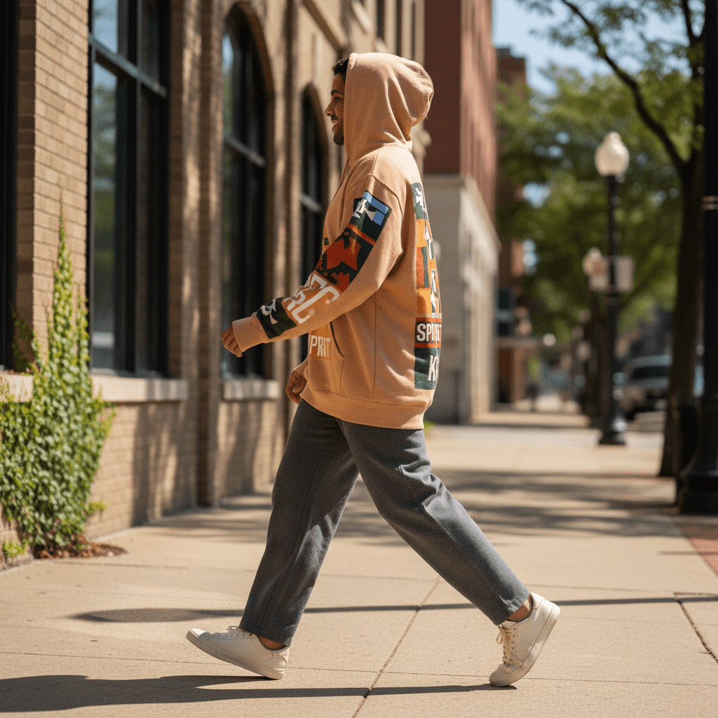 Person wearing custom printed hoodie outdoors