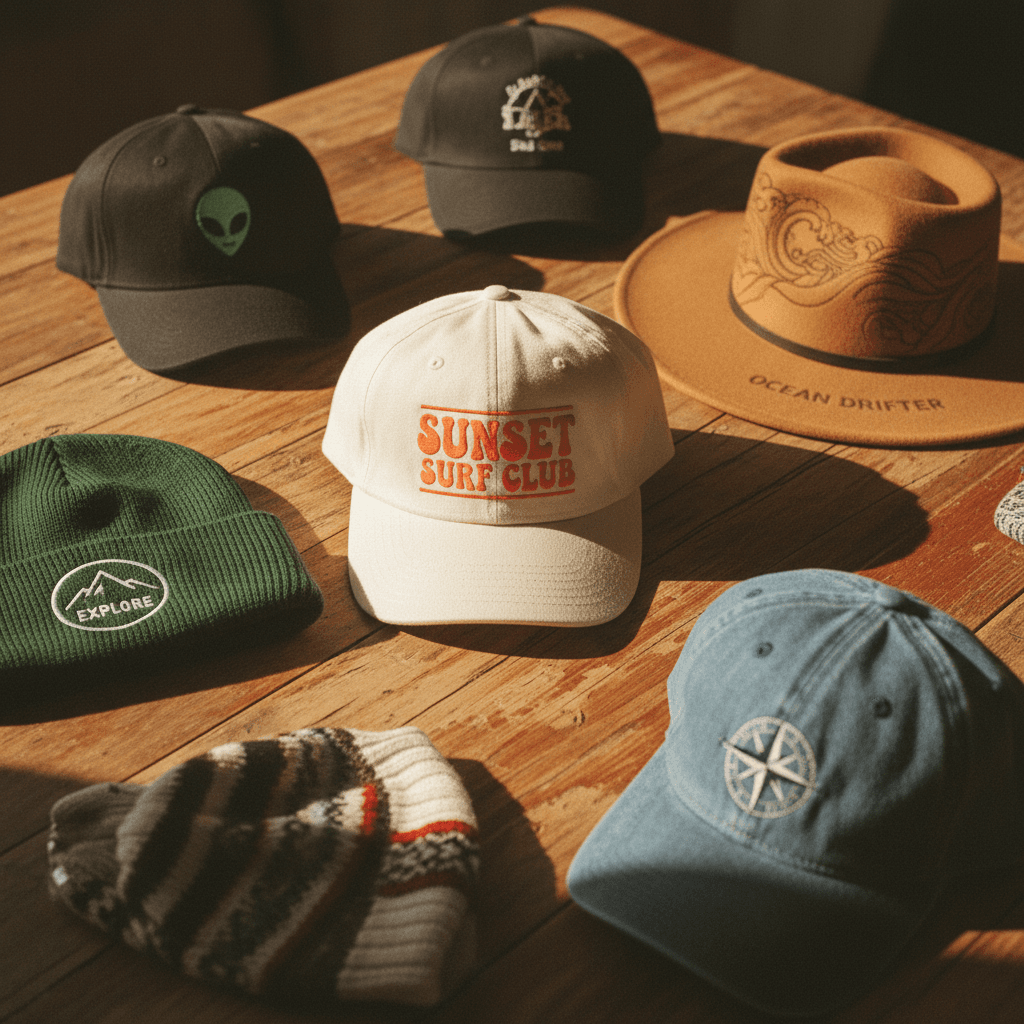 Collection of custom printed hats in various styles