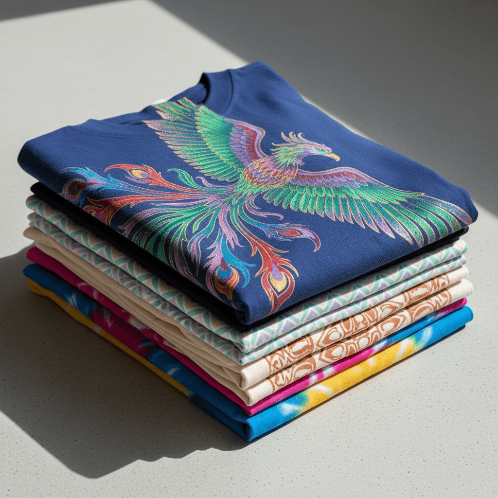 Stack of custom printed apparel in various colors